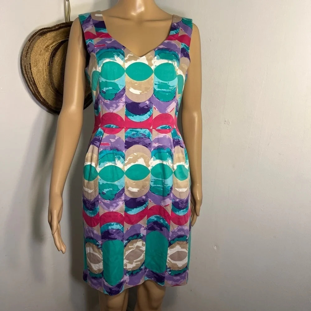 Donna Morgan6 geometric,sleeveless relaxed fit lined gathered waist sheath dress